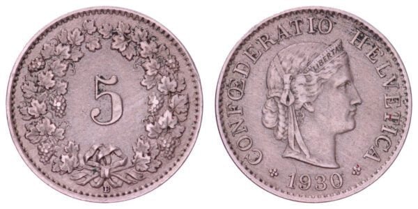 SWITZERLAND 5 rappen 1930 VF