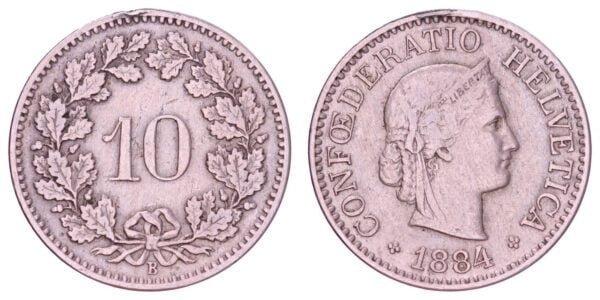 SWITZERLAND 10 rappen 1884 F