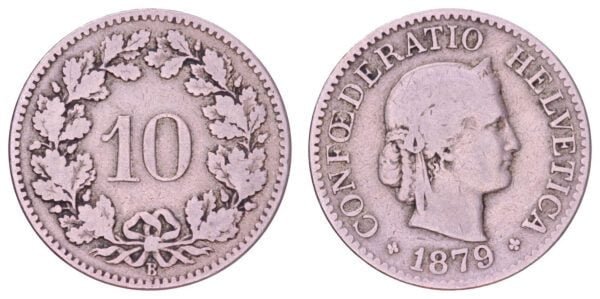 SWITZERLAND 10 rappen 1879 VF-