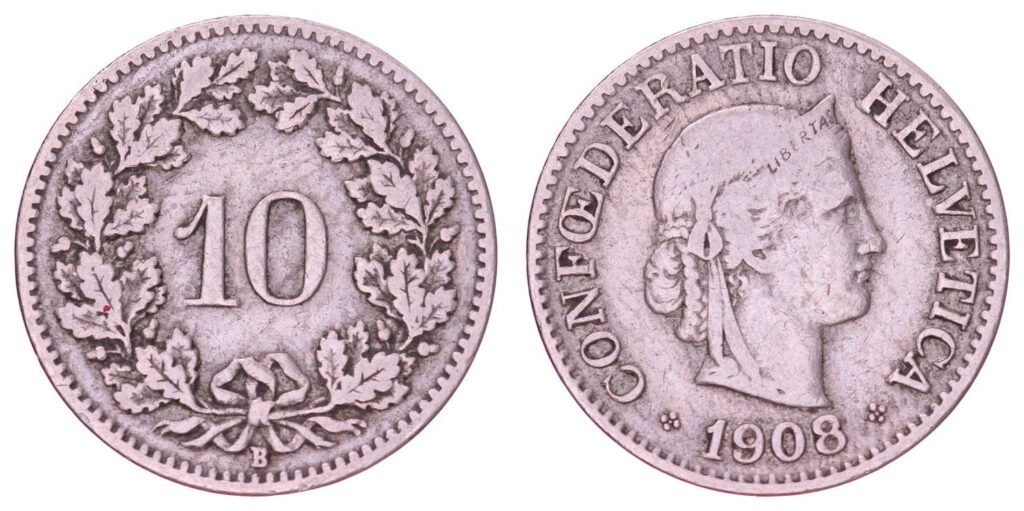 SWITZERLAND 10 rappen 1908 VF-