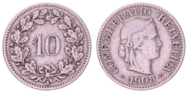SWITZERLAND 10 rappen 1908 VF-