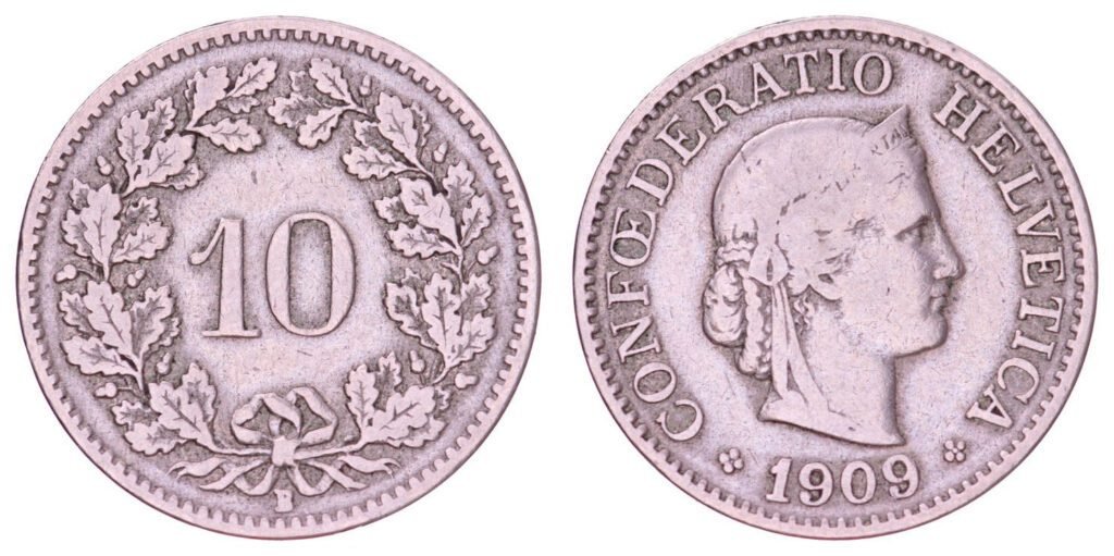 SWITZERLAND 10 rappen 1909 VF-