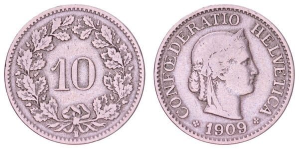 SWITZERLAND 10 rappen 1909 VF-