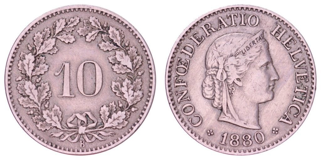 SWITZERLAND 10 rappen 1880 VF