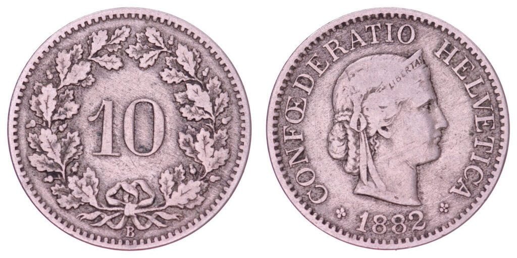 SWITZERLAND 10 rappen 1882 VF