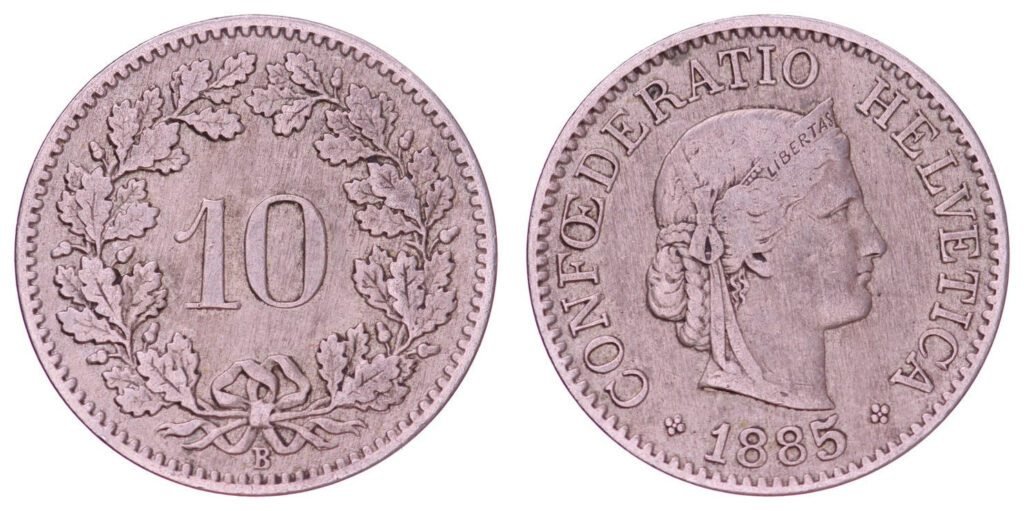 SWITZERLAND 10 rappen 1885 VF