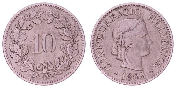 SWITZERLAND 10 rappen 1885 VF