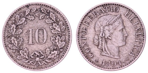SWITZERLAND 10 rappen 1894 VF