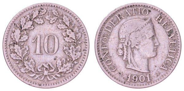 SWITZERLAND 10 rappen 1901 VF