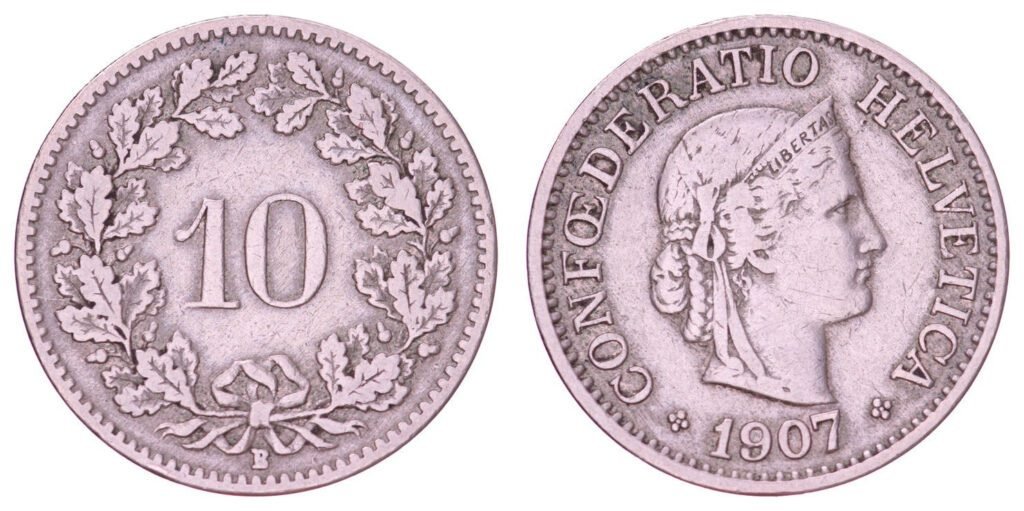 SWITZERLAND 10 rappen 1907 VF