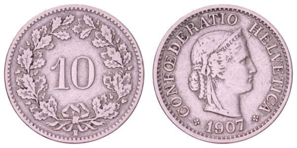 SWITZERLAND 10 rappen 1907 VF