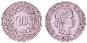 SWITZERLAND 10 rappen 1911 VF
