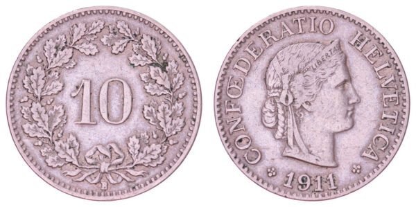 SWITZERLAND 10 rappen 1911 VF