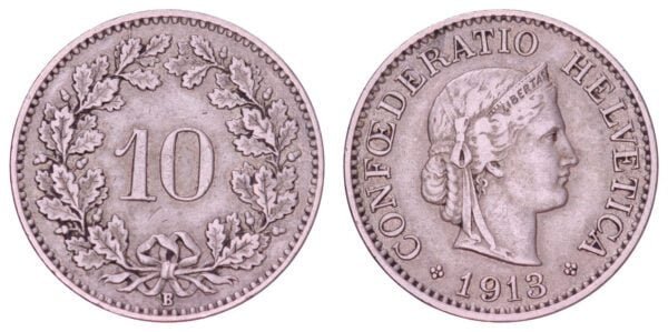 SWITZERLAND 10 rappen 1913 VF