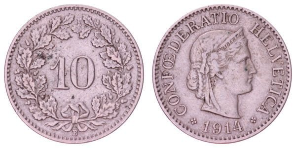 SWITZERLAND 10 rappen 1914 VF