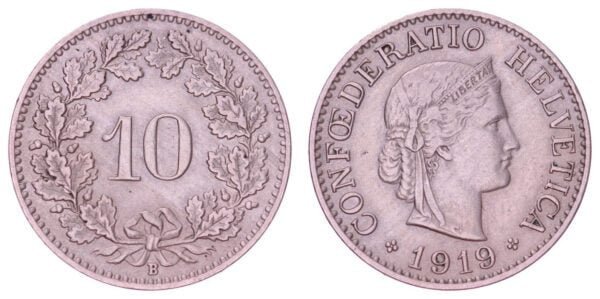 SWITZERLAND 10 rappen 1919 VF