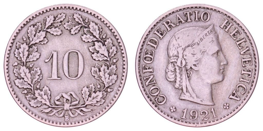 SWITZERLAND 10 rappen 1921 VF