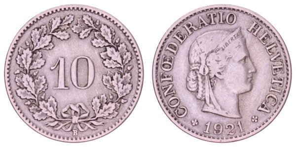 SWITZERLAND 10 rappen 1921 VF