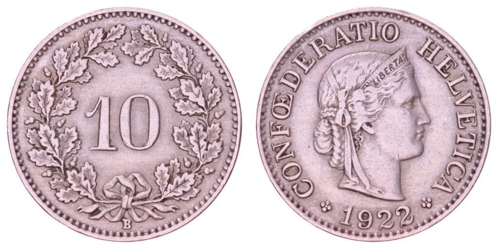 SWITZERLAND 10 rappen 1922 VF