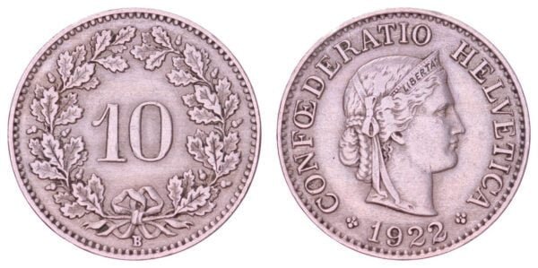 SWITZERLAND 10 rappen 1922 VF