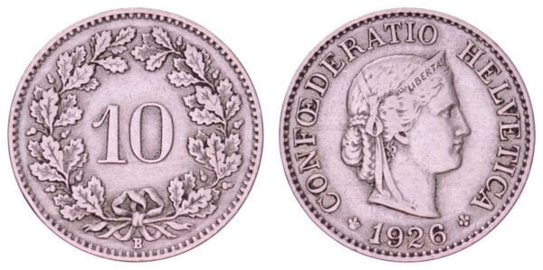 SWITZERLAND 10 rappen 1926 VF