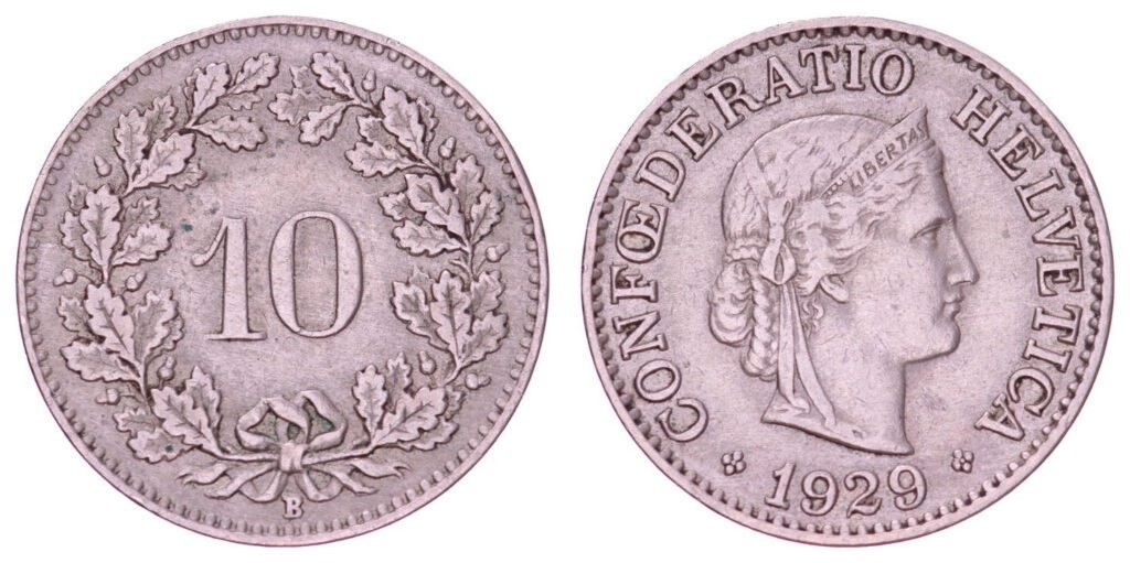 SWITZERLAND 10 rappen 1929 VF