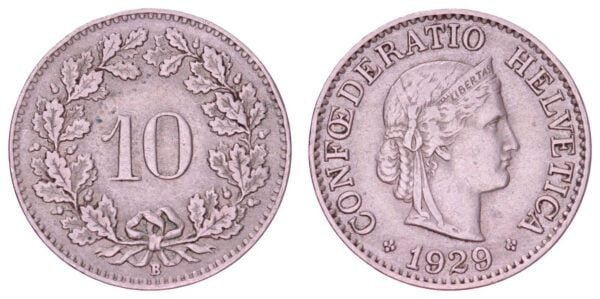 SWITZERLAND 10 rappen 1929 VF