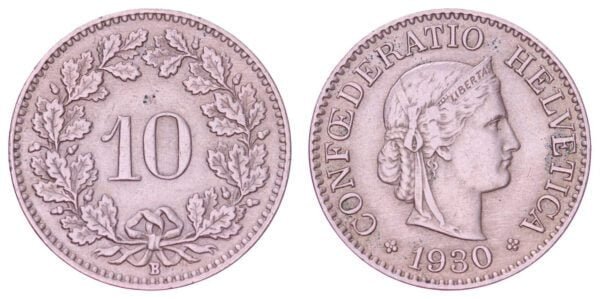 SWITZERLAND 10 rappen 1930 VF