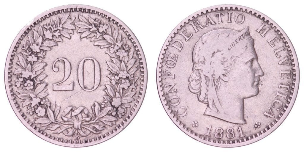 SWITZERLAND 20 rappen 1881 VF-