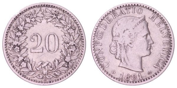 SWITZERLAND 20 rappen 1881 VF-