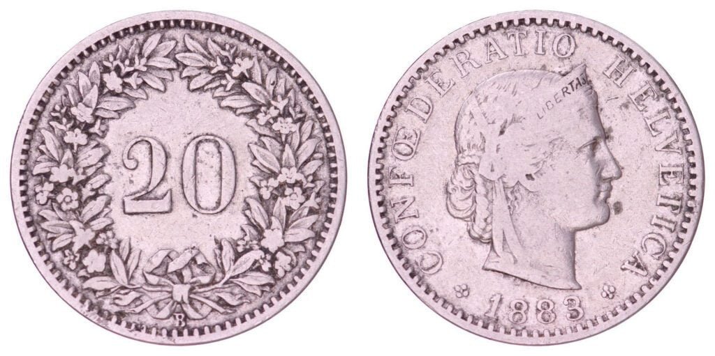 SWITZERLAND 20 rappen 1883 VF-
