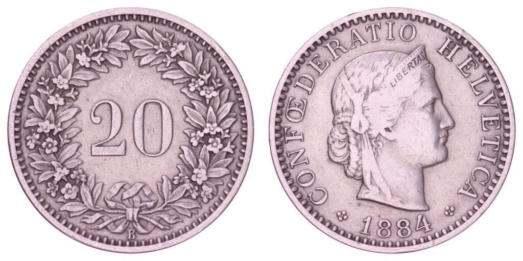 SWITZERLAND 20 rappen 1884 VF-