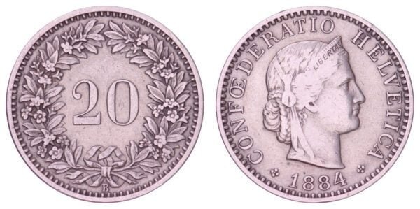 SWITZERLAND 20 rappen 1884 VF-