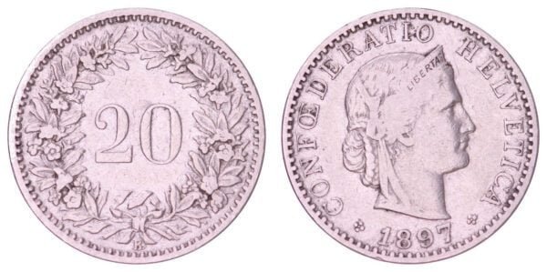 SWITZERLAND 20 rappen 1897 VF-