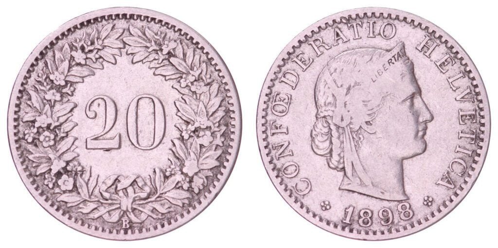 SWITZERLAND 20 rappen 1898 VF-