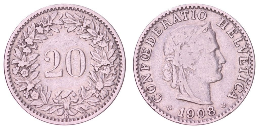 SWITZERLAND 20 rappen 1908 VF-