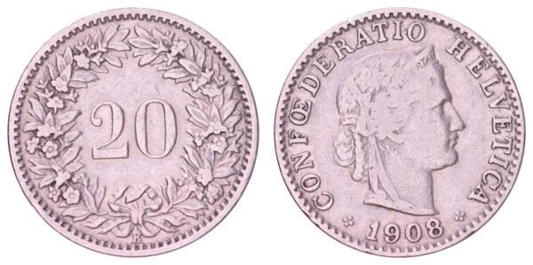SWITZERLAND 20 rappen 1908 VF-