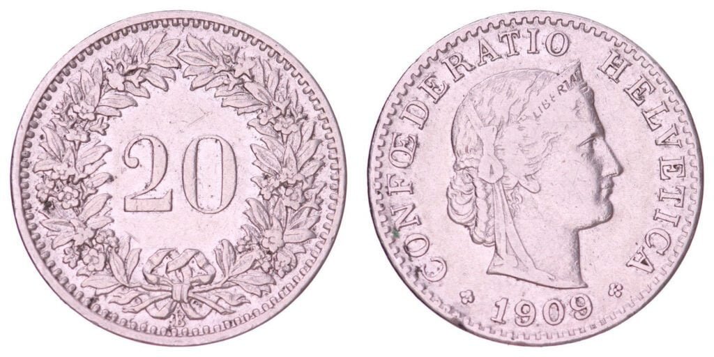 SWITZERLAND 20 rappen 1909 VF-