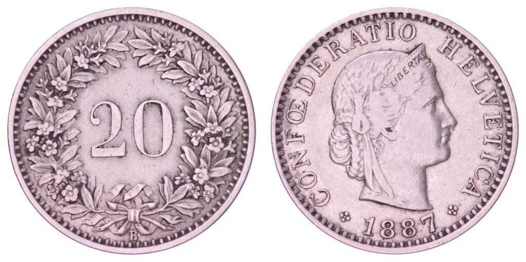 SWITZERLAND 20 rappen 1887 VF