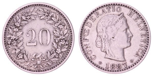 SWITZERLAND 20 rappen 1887 VF