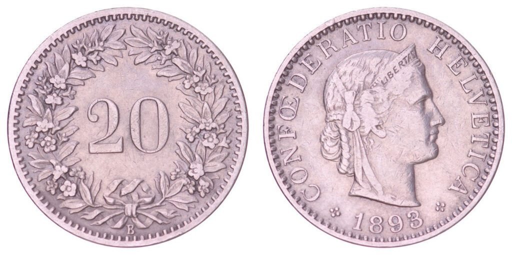 SWITZERLAND 20 rappen 1893 VF