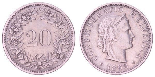 SWITZERLAND 20 rappen 1893 VF