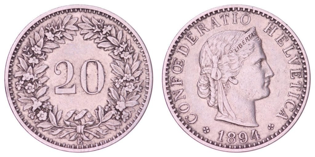 SWITZERLAND 20 rappen 1894 VF