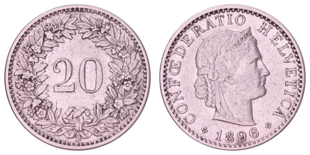 SWITZERLAND 20 rappen 1896 VF