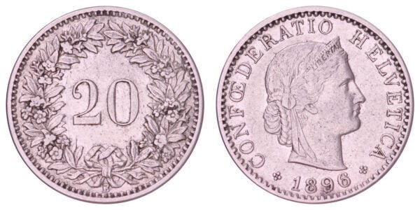 SWITZERLAND 20 rappen 1896 VF
