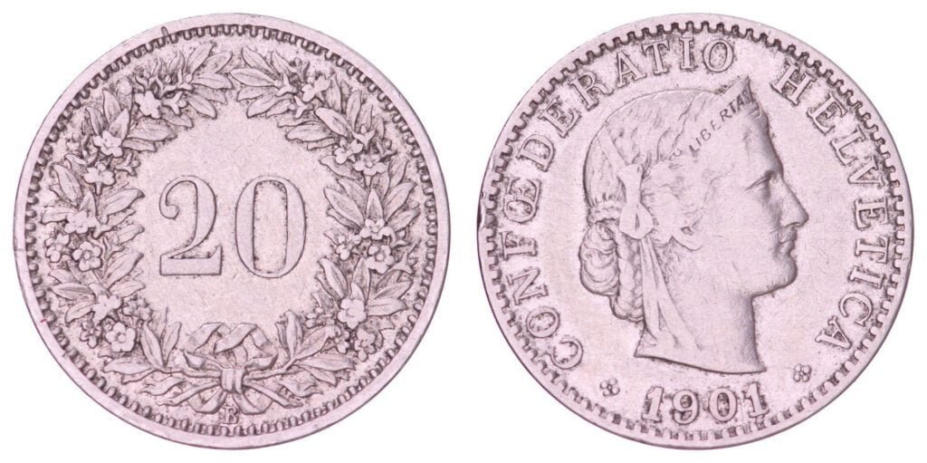 SWITZERLAND 20 rappen 1901 VF