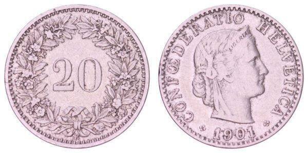 SWITZERLAND 20 rappen 1901 VF