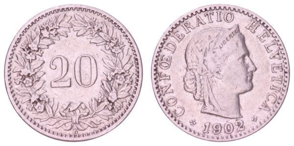 SWITZERLAND 20 rappen 1902 VF