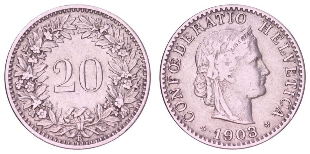 SWITZERLAND 20 rappen 1903 VF
