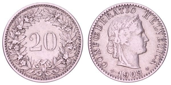 SWITZERLAND 20 rappen 1903 VF